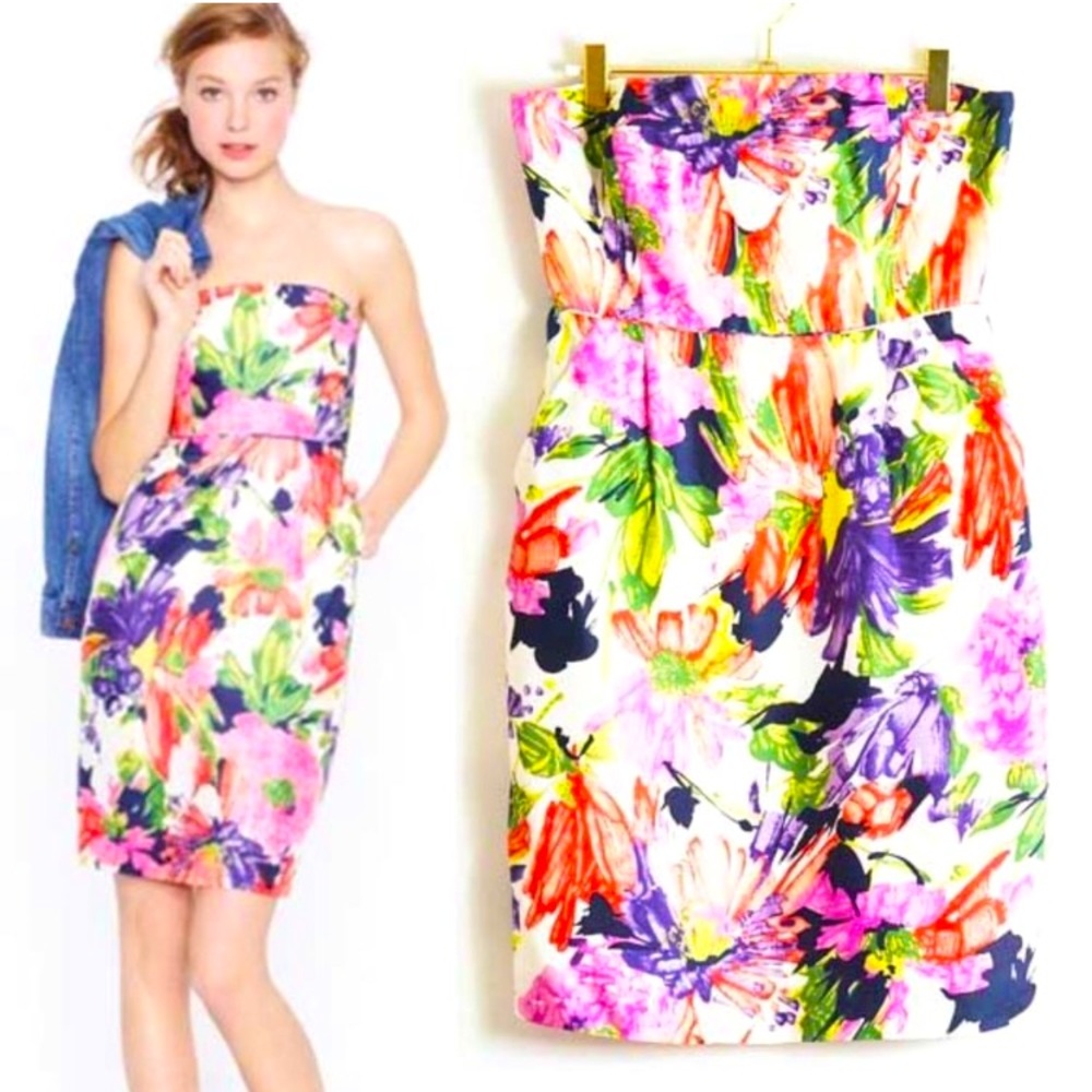 J. Crew Strapless Silk Floral Print Dress